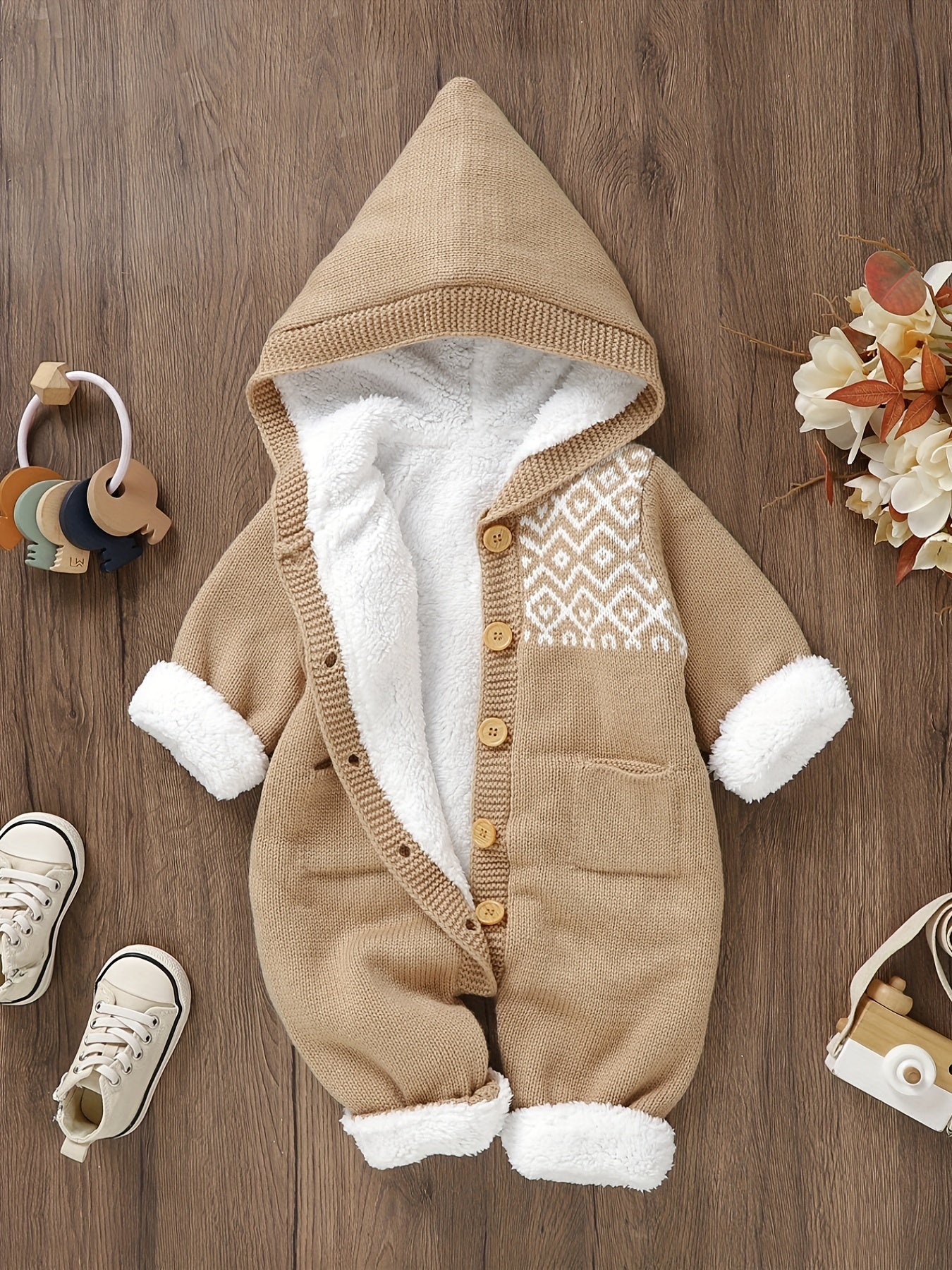 Newborn Knitted Jumpsuit with Hood and Long Sleeves