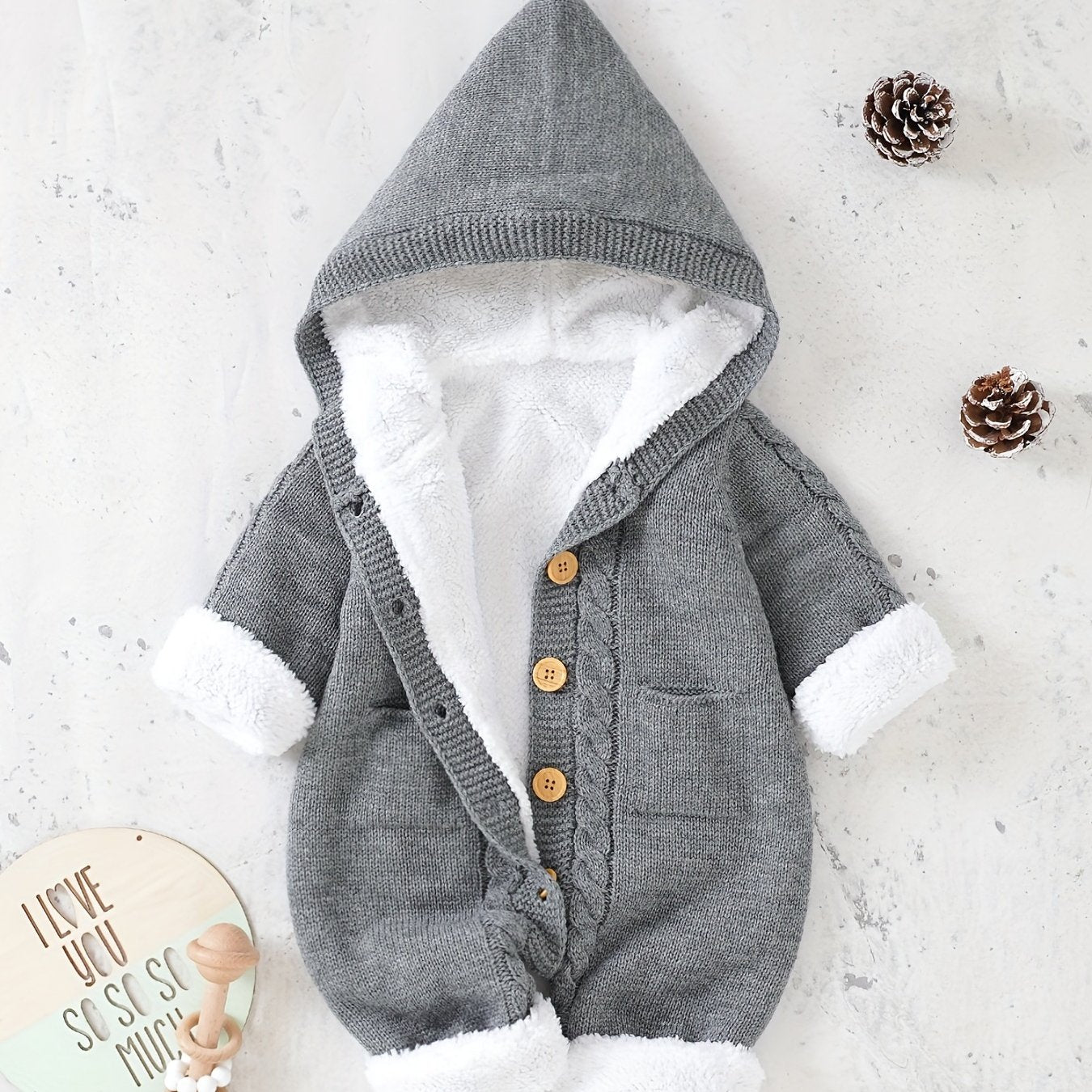 Newborn Knitted Jumpsuit with Hood and Long Sleeves