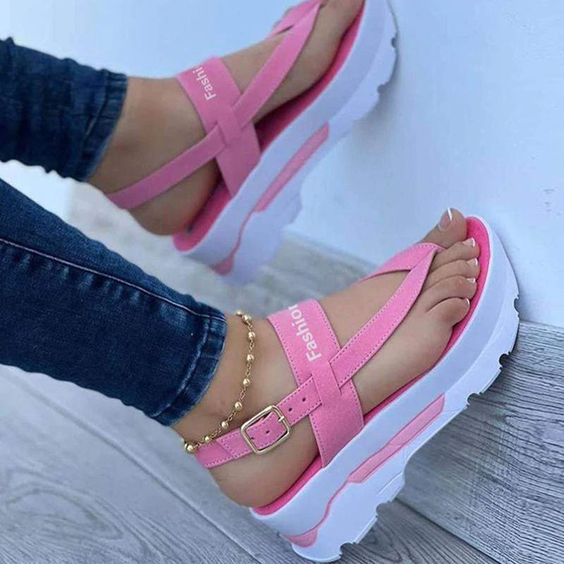 Women's Platform Thong Sandals with Buckle Strap