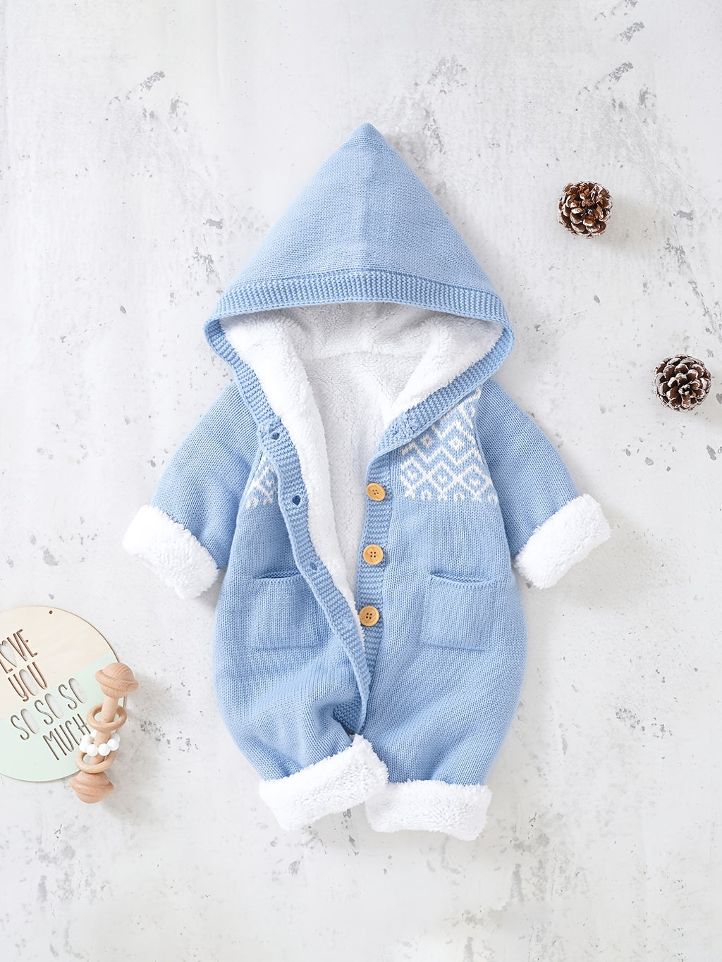 Newborn Knitted Jumpsuit with Hood and Long Sleeves