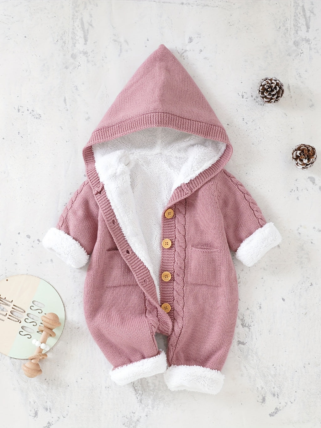 Newborn Knitted Jumpsuit with Hood and Long Sleeves