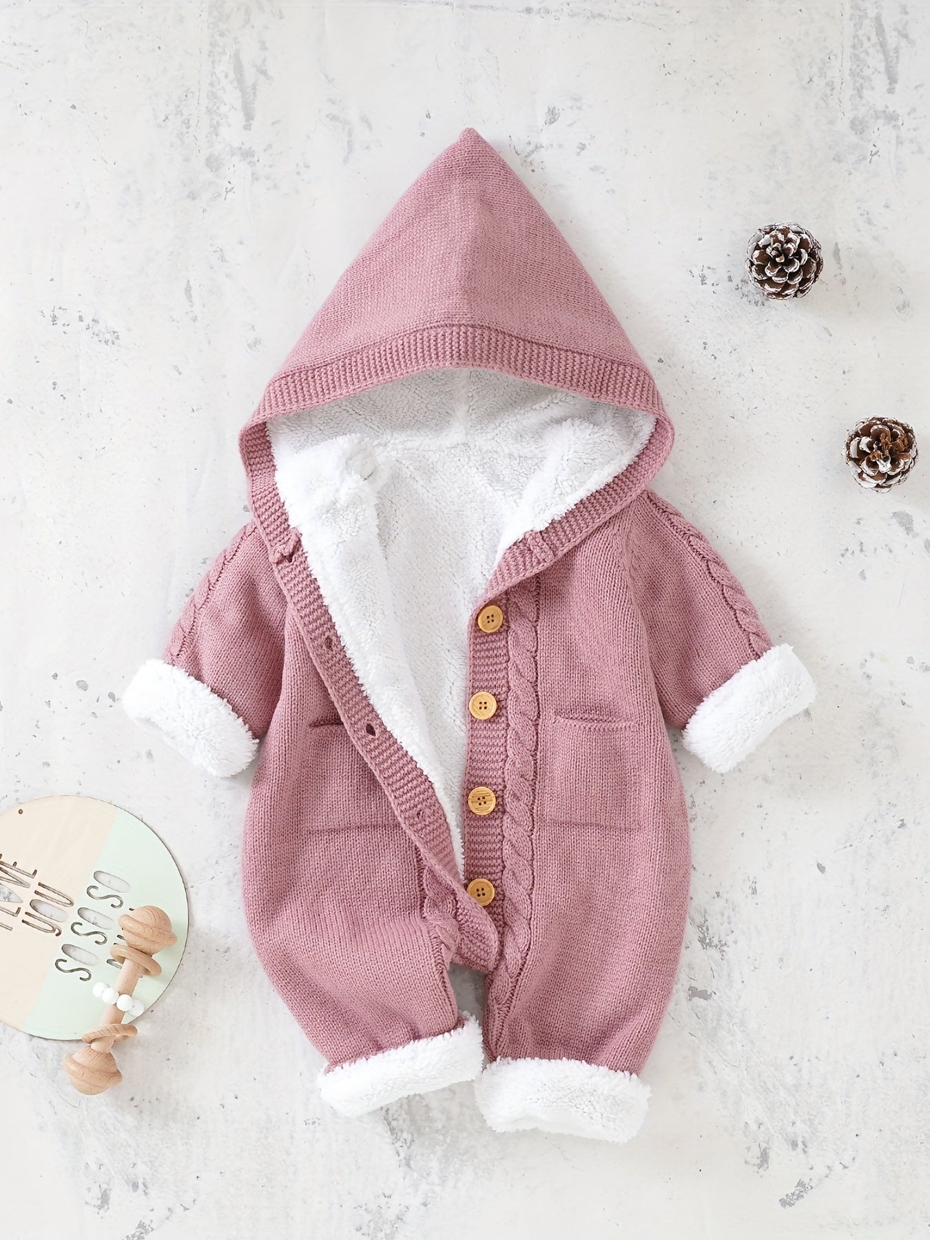 Newborn Knitted Jumpsuit with Hood and Long Sleeves