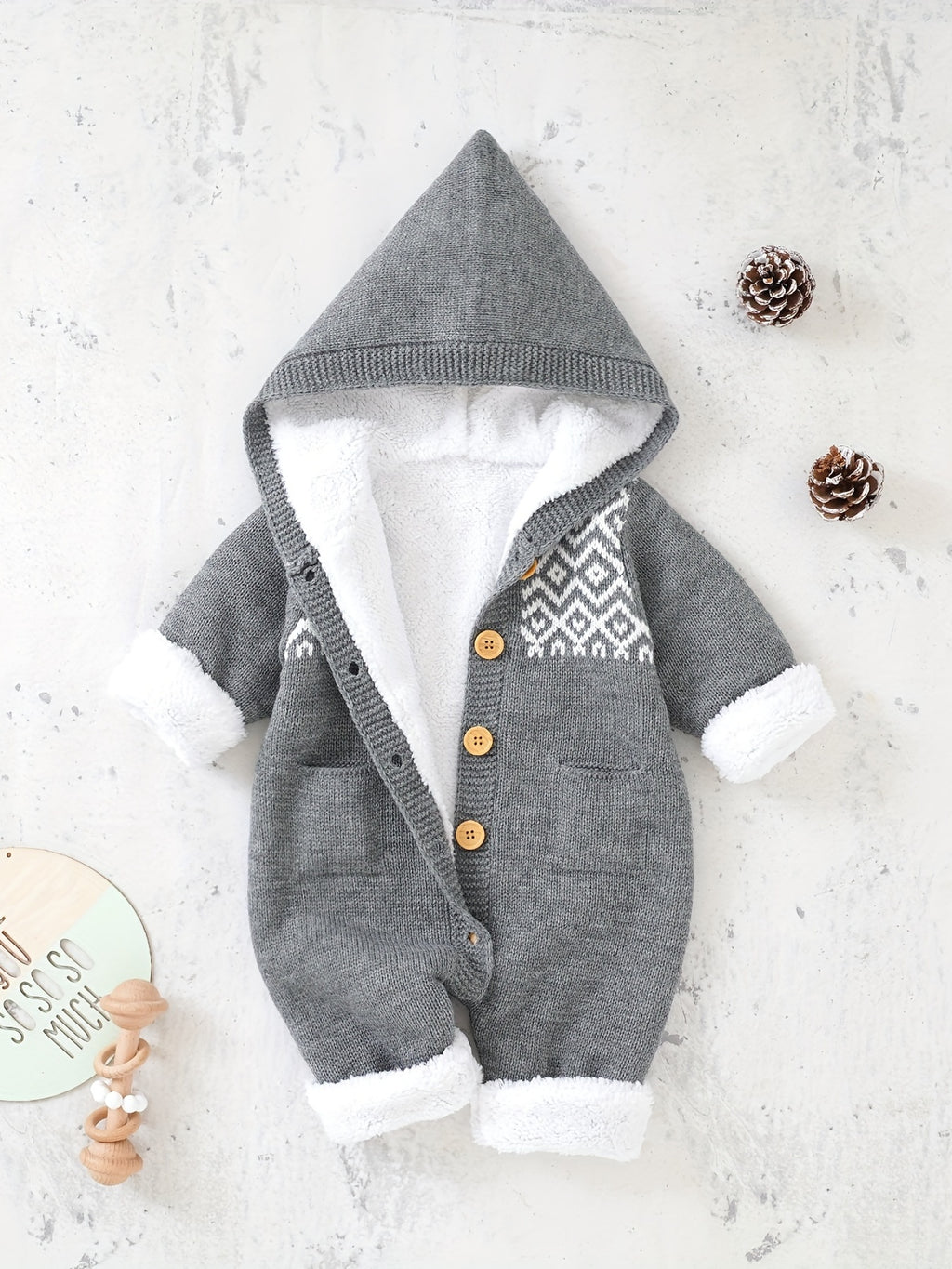 Newborn Knitted Jumpsuit with Hood and Long Sleeves