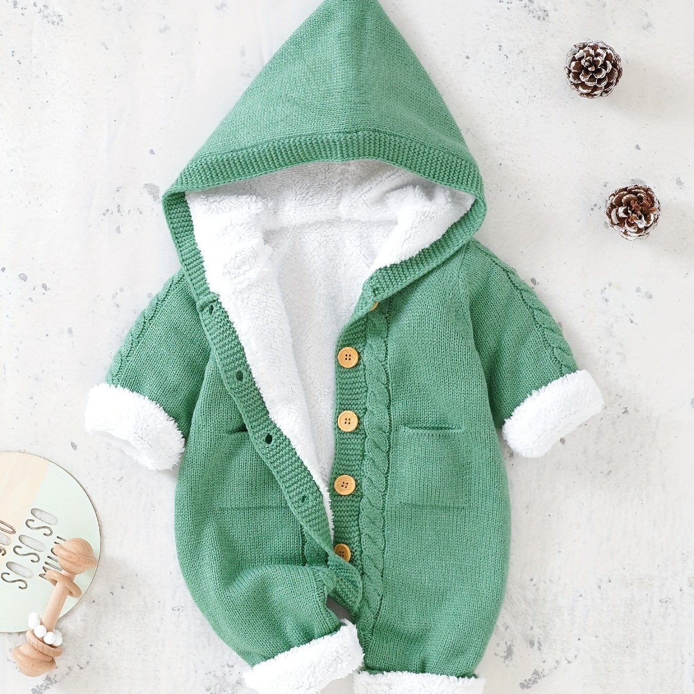 Newborn Knitted Jumpsuit with Hood and Long Sleeves
