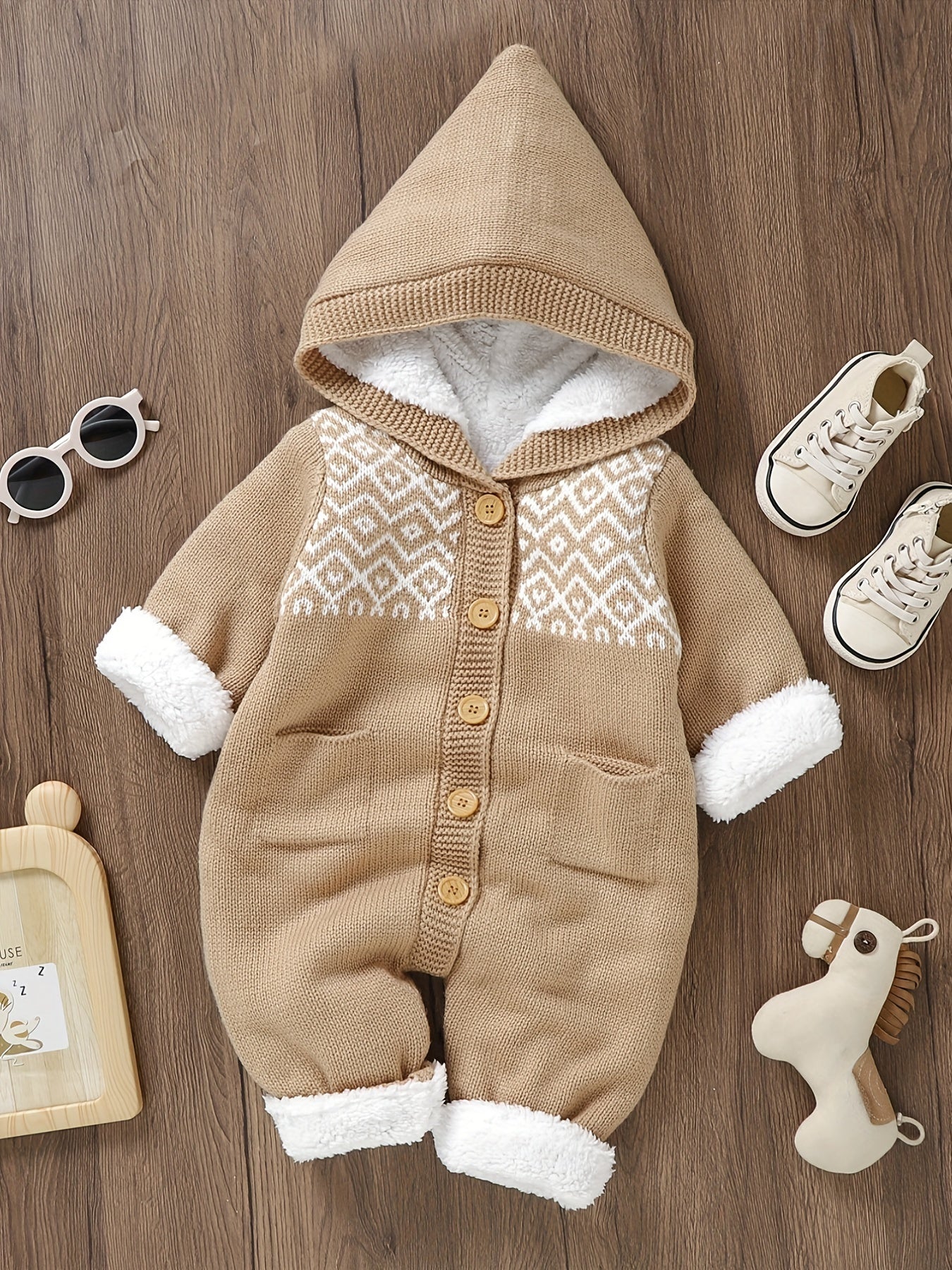 Newborn Knitted Jumpsuit with Hood and Long Sleeves