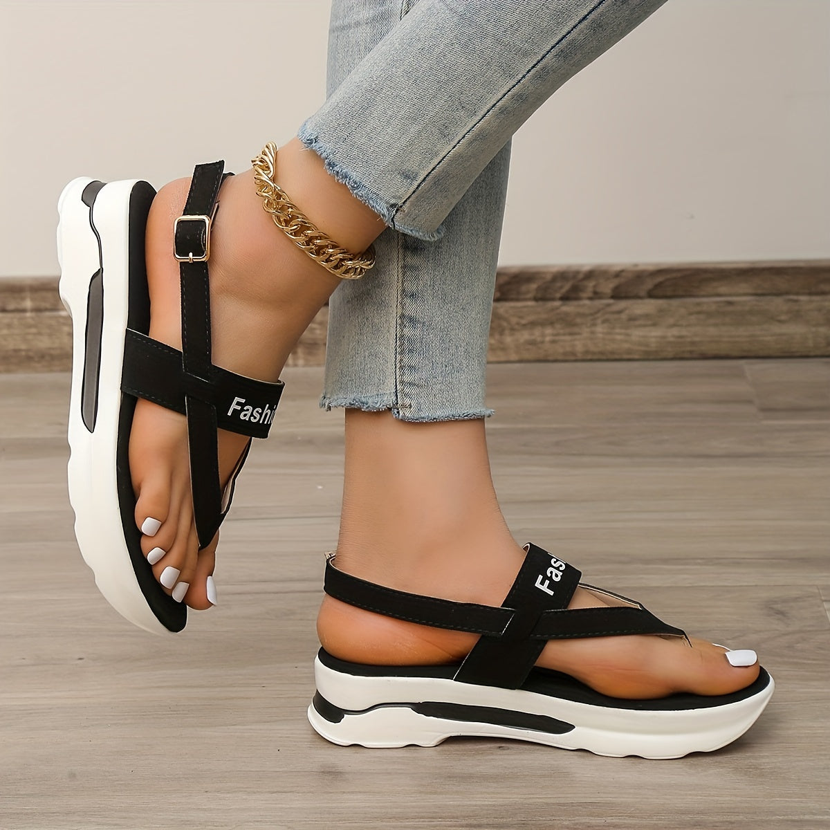 Women's Platform Thong Sandals with Buckle Strap