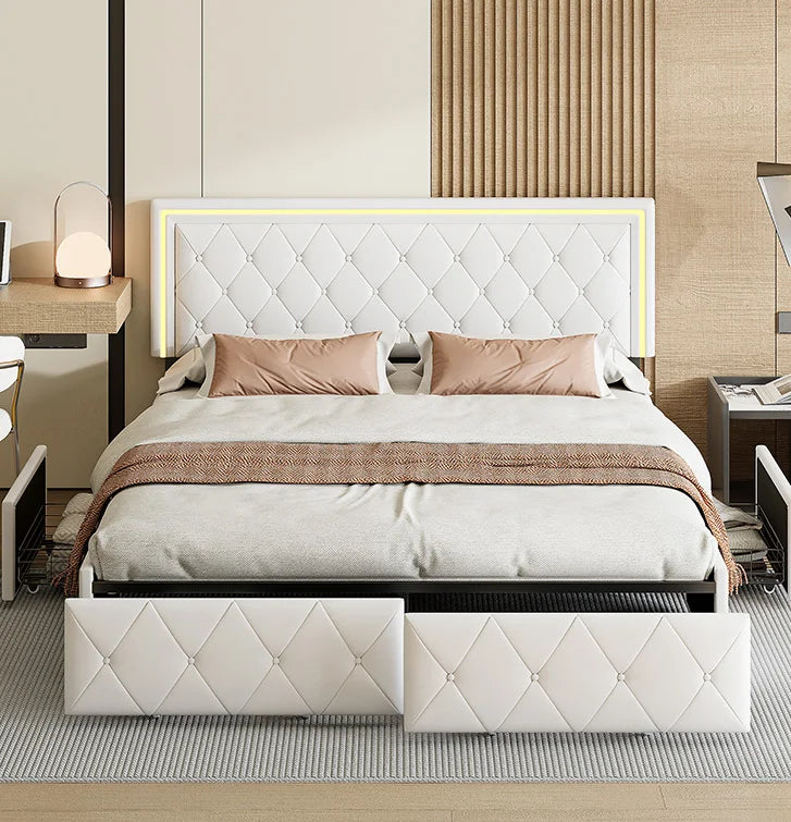 ROSAHQNDA LED Bed Frame with Storage Drawers, No Mattress Included