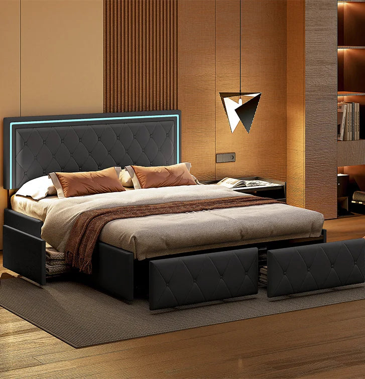 ROSAHQNDA LED Bed Frame with Storage Drawers, No Mattress Included