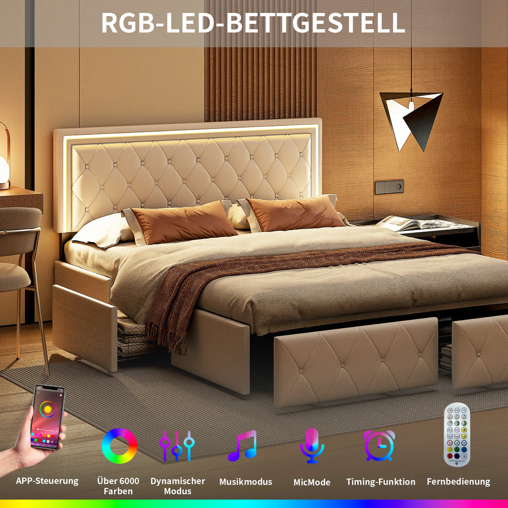 ROSAHQNDA LED Bed Frame with Storage Drawers, No Mattress Included