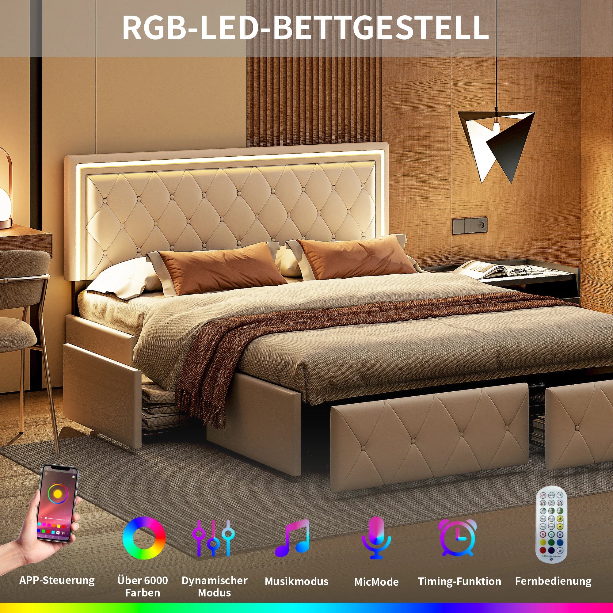 ROSAHQNDA LED Bed Frame with Storage Drawers, No Mattress Included