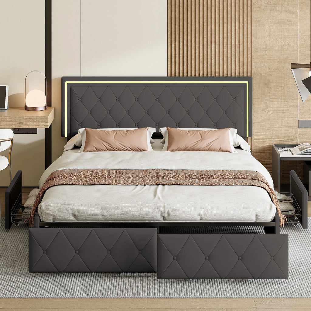 ROSAHQNDA LED Bed Frame with Storage Drawers, No Mattress Included