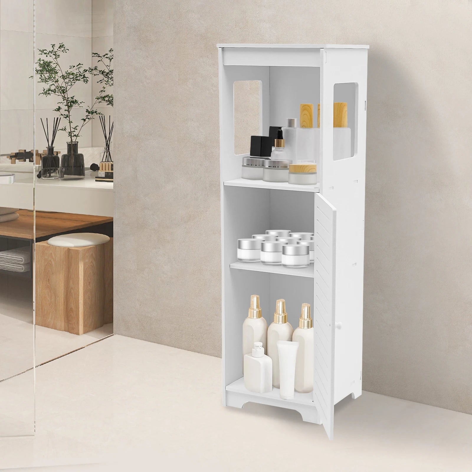White Bathroom Storage Cabinet with Shelf Organizer