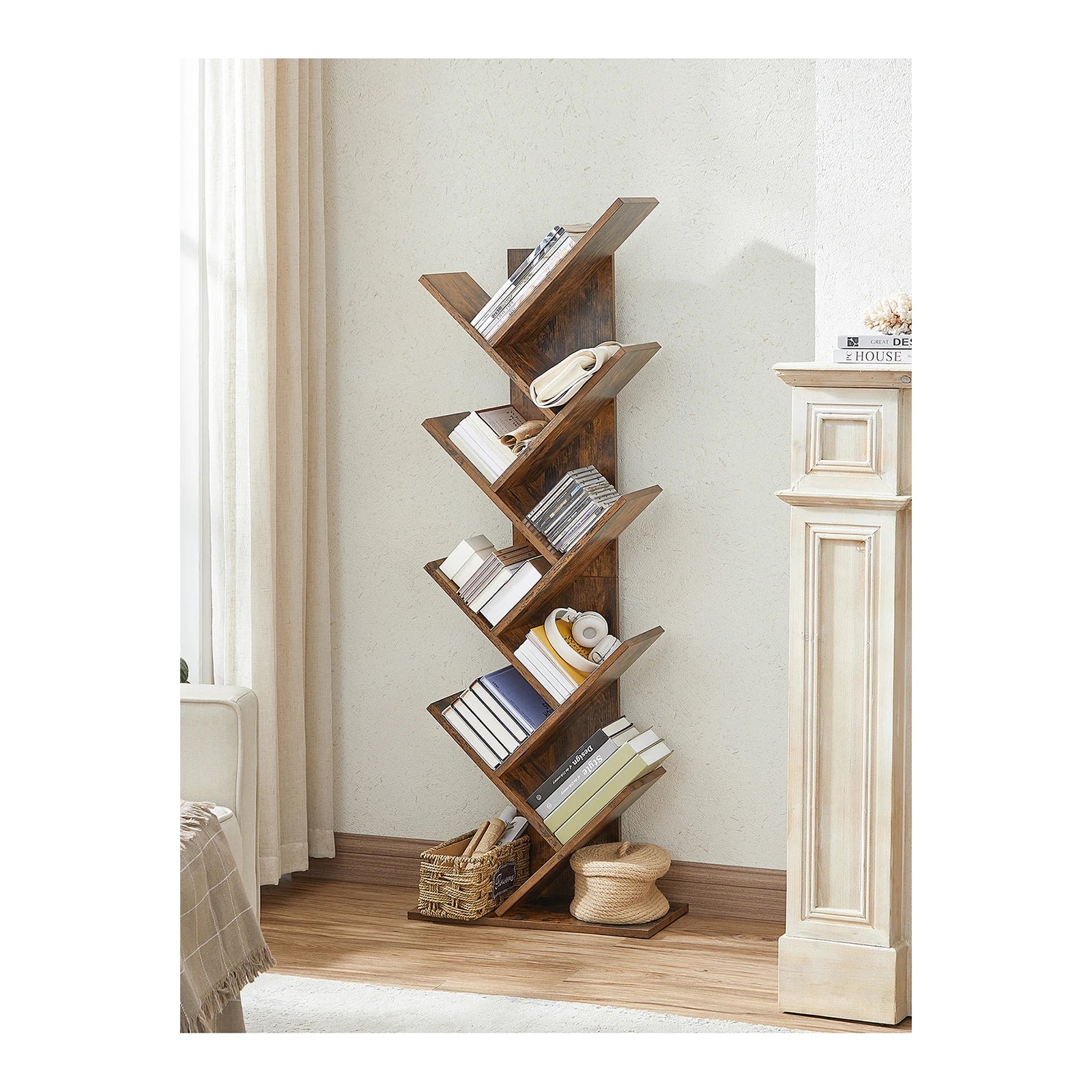 VASAGLE Tree Bookshelf: 9-Tier Wooden Corner Bookcase