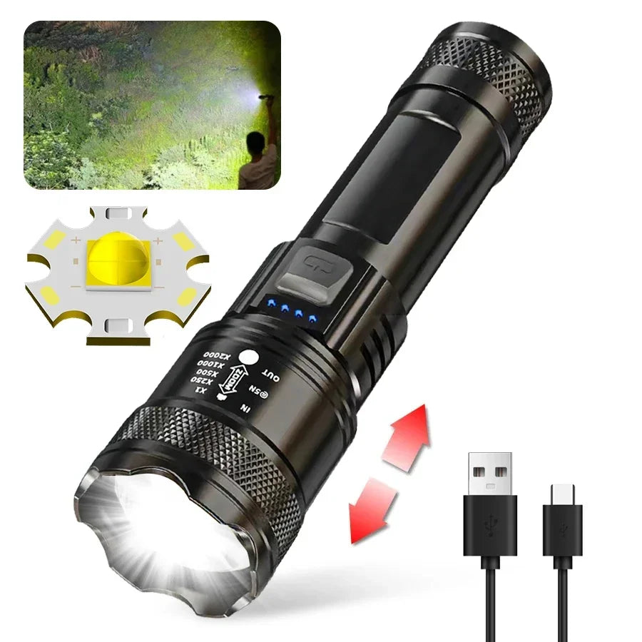 High Power LED Flashlight 2000LM - Tactical USB Torch