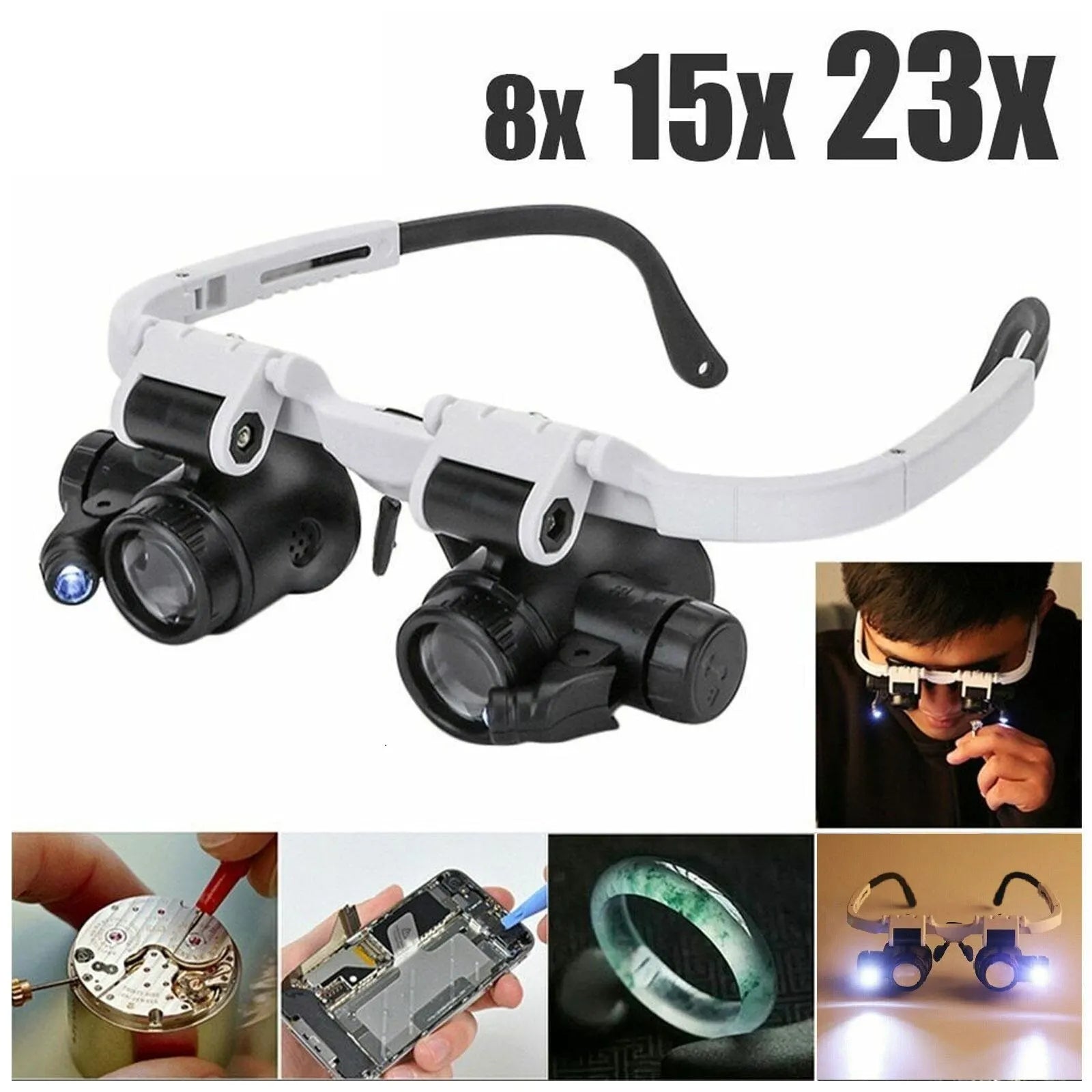 LED Watch Repair Magnifier - Adjustable Headband with 8X 15X 23X Lens