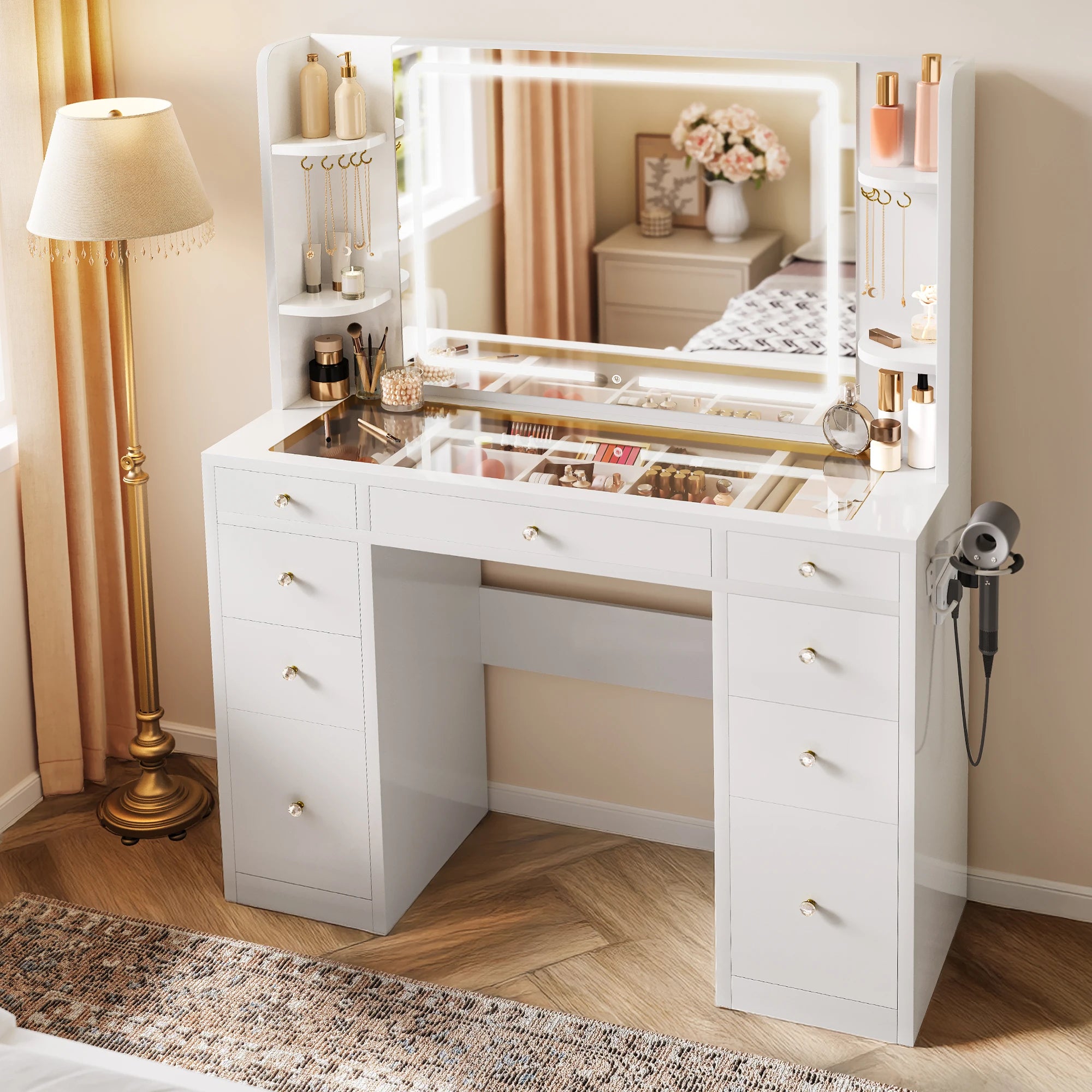 YITAHOME White Vanity Table with LED Lighting & Storage