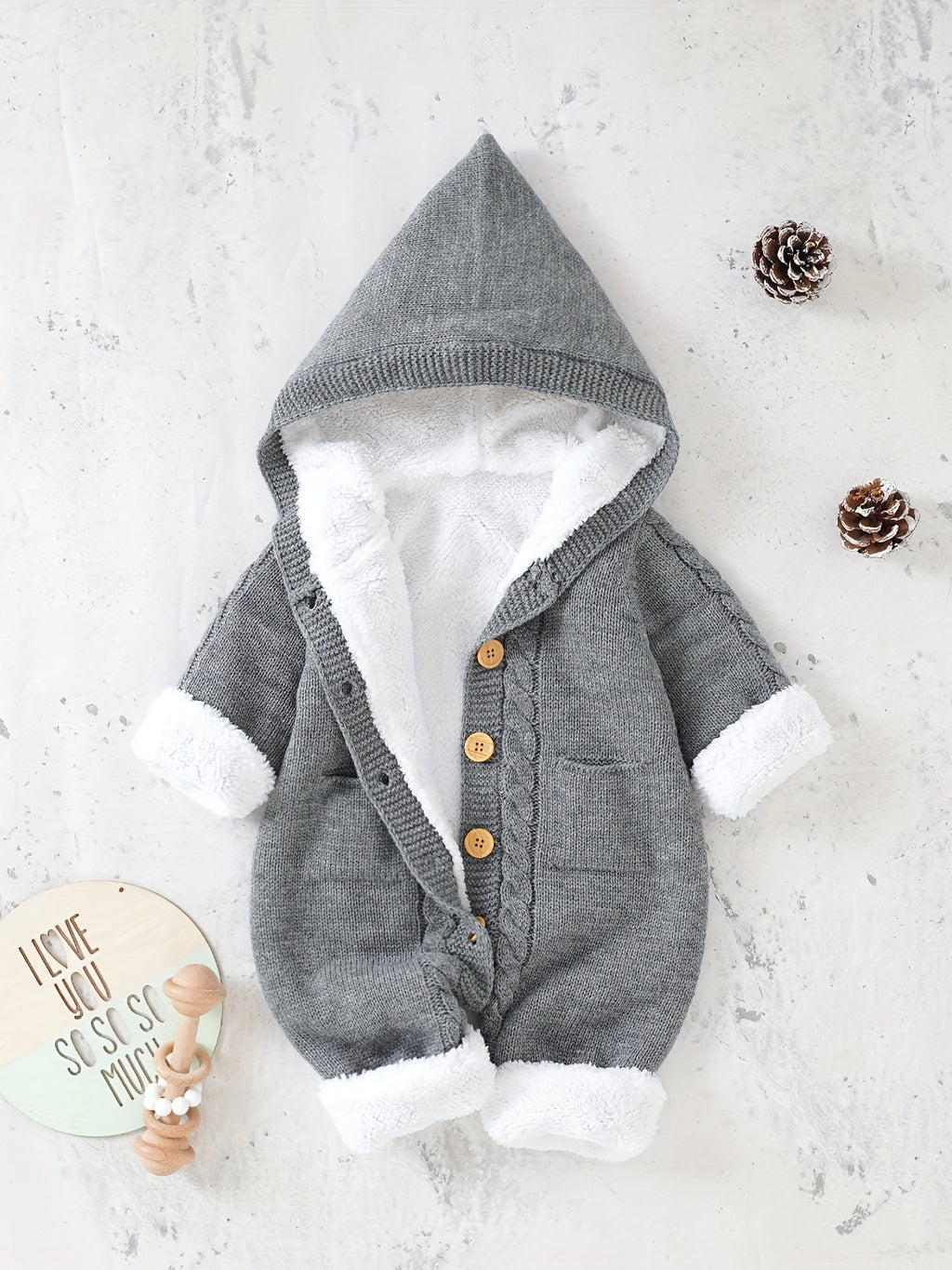 Newborn Knitted Jumpsuit with Hood and Long Sleeves