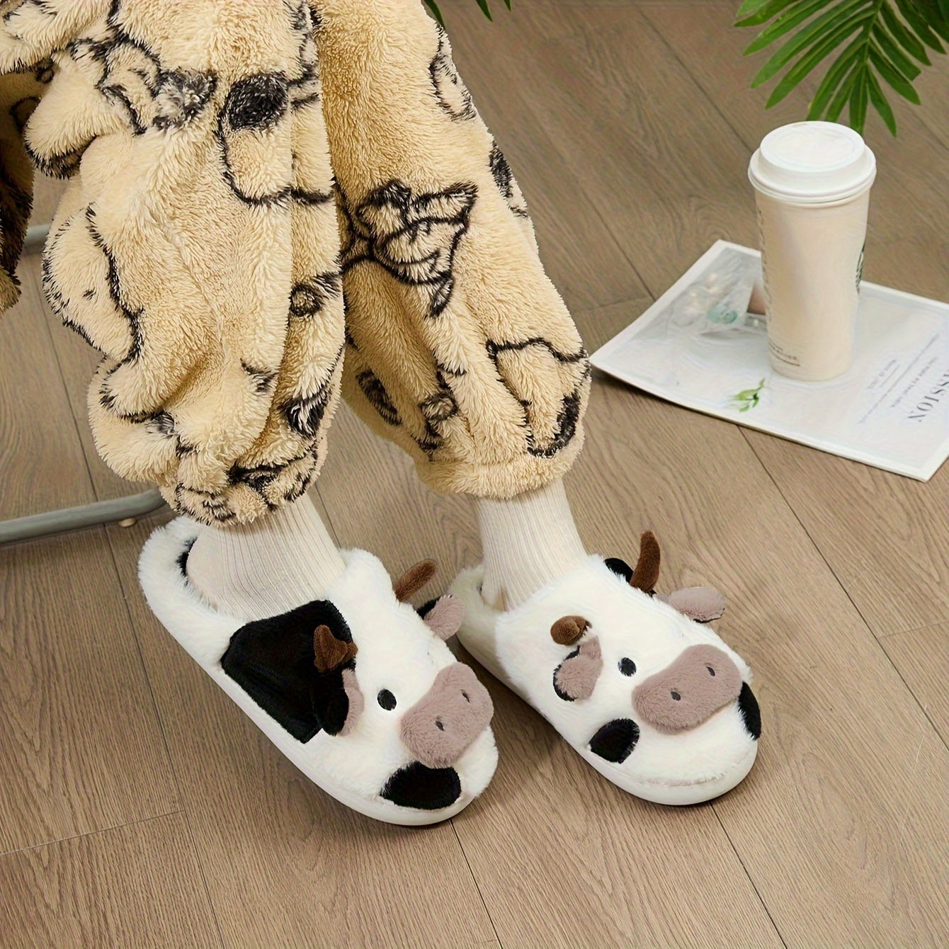 Cartoon Cow Plush Slippers for Couples