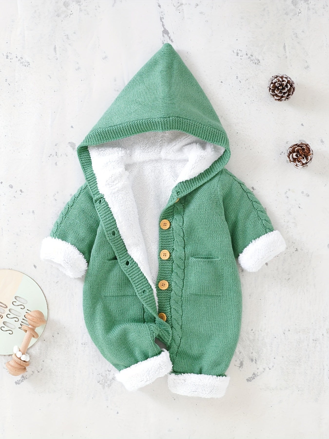 Newborn Knitted Jumpsuit with Hood and Long Sleeves