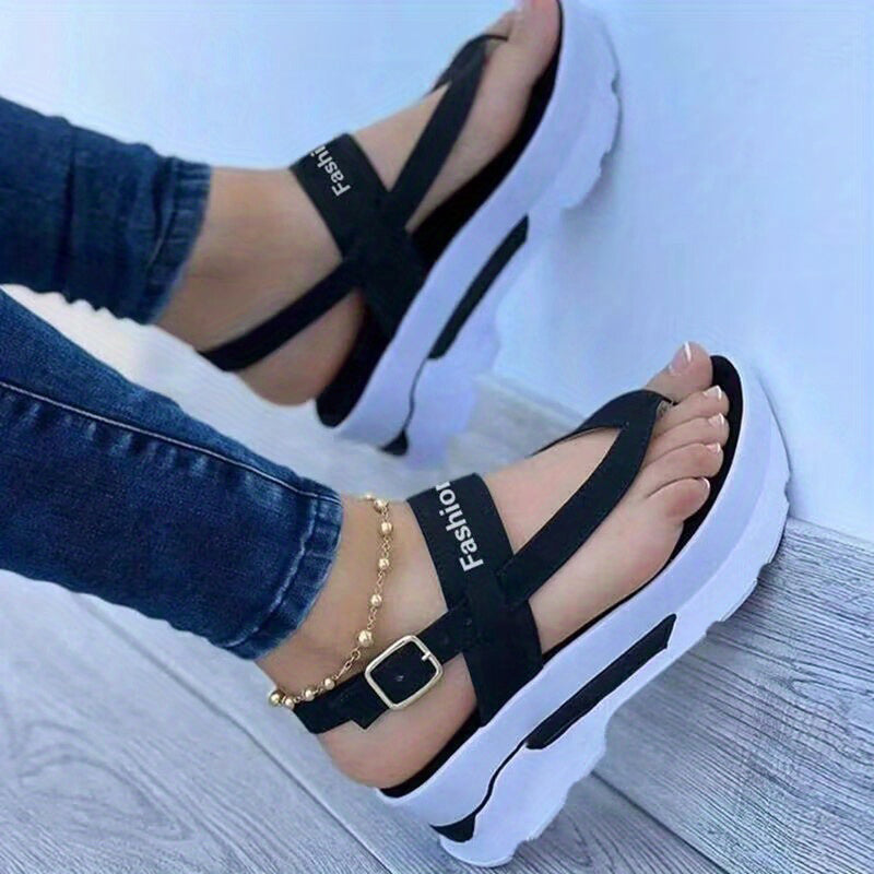 Women's Platform Thong Sandals with Buckle Strap
